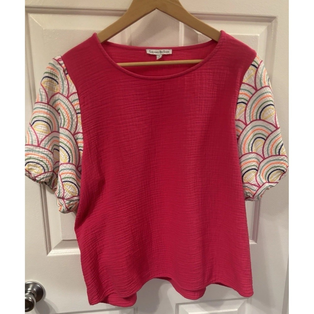 See N Be Seen Fuchsia Gauze Top Embroidered Puff Sleeve  Tunic Rainbow ~ SZ L